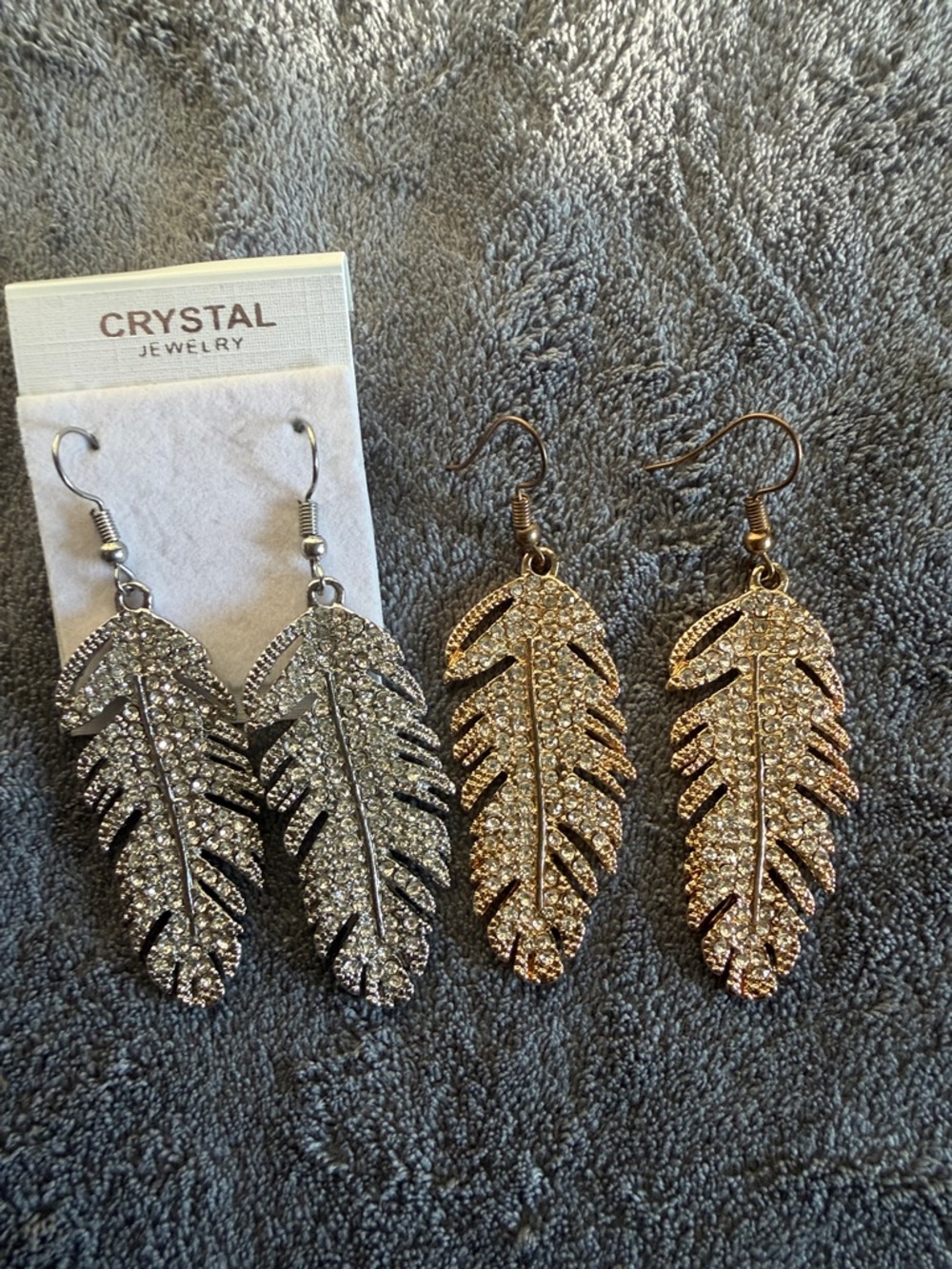 Crystal Feather Drop Earrings — Silver & Gold